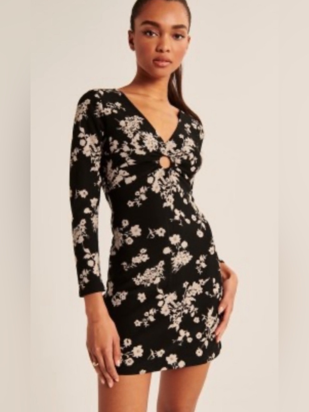 Abercrombie & Fitch Black Floral Ring-Front Long Sleeve Mini Dress